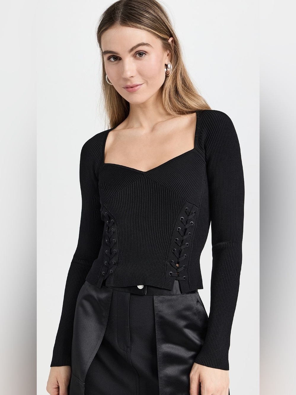 NEW NWT SIMKHAI Daphane Lace-Up Top, Corset Ribbons Black Small
